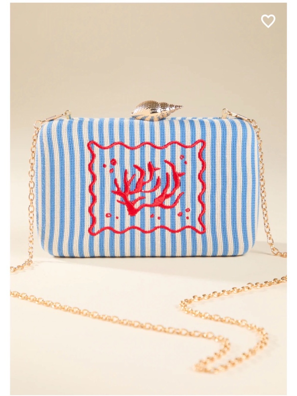 Altar'd State Blue & White Striped Coral Embroidered Clutch with Gold Chain